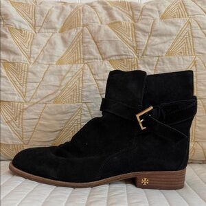 Tory Burch Black Suede Ankle Booties with Gold Accent